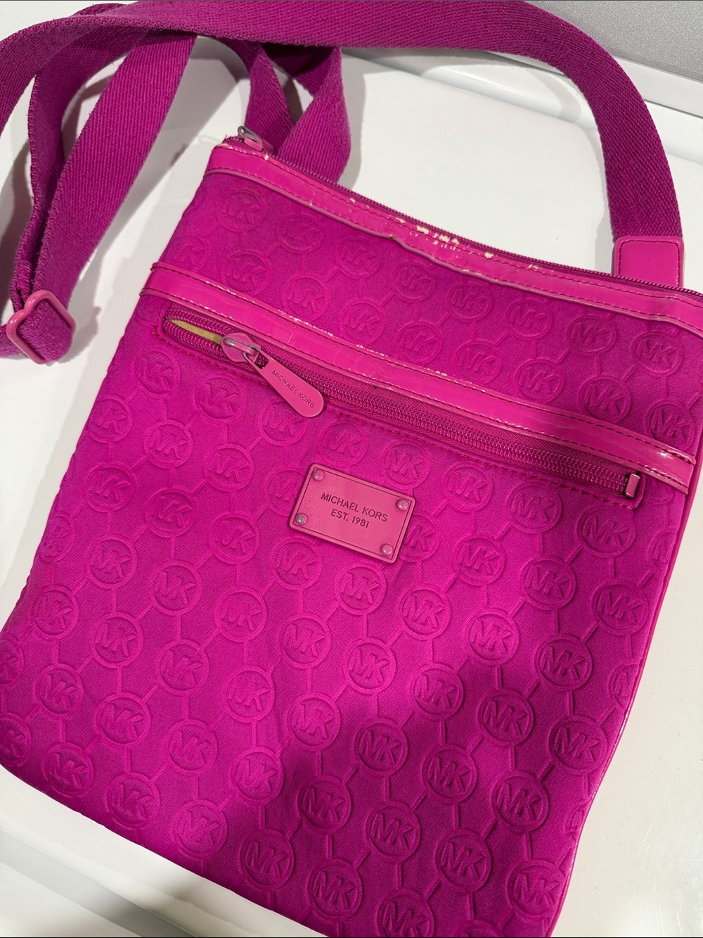 Michael Kors Neoprene Patent-Trimmed Crossbody Bag in magenta iPad case